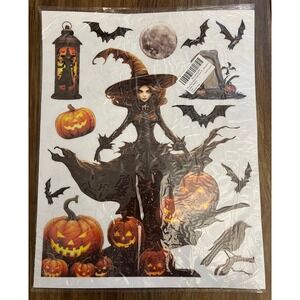 NEW Halloween Window Clings Witch Pumpkin Bats Spooky Party Decorations 8 Sheets